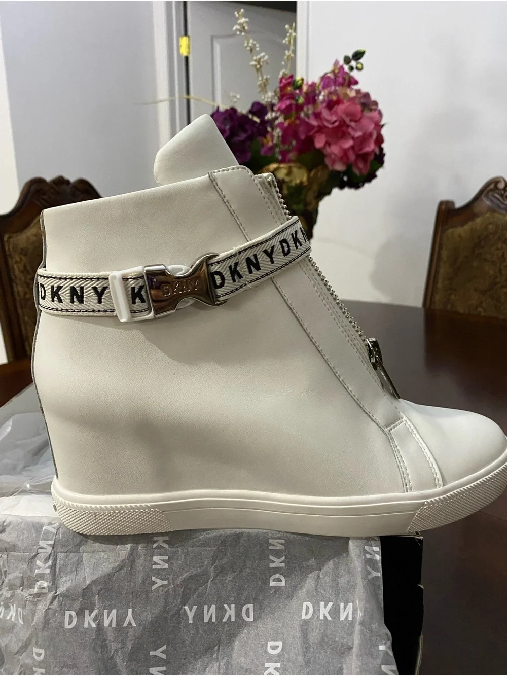 DKNY White Leather Wedge Sneaker Boot with Branded Strap